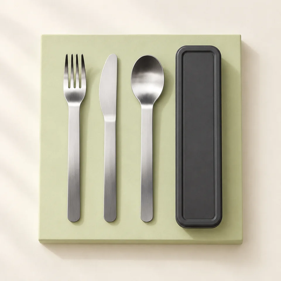 Brabantia Make & Take gris — Trois couverts et un étui gris fermé.