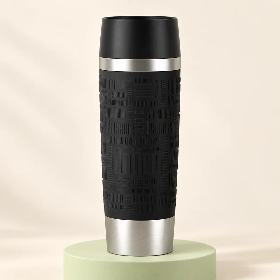 EMSA Travel Mug noir — Un Travel Mug noir et inox, vu fermé.