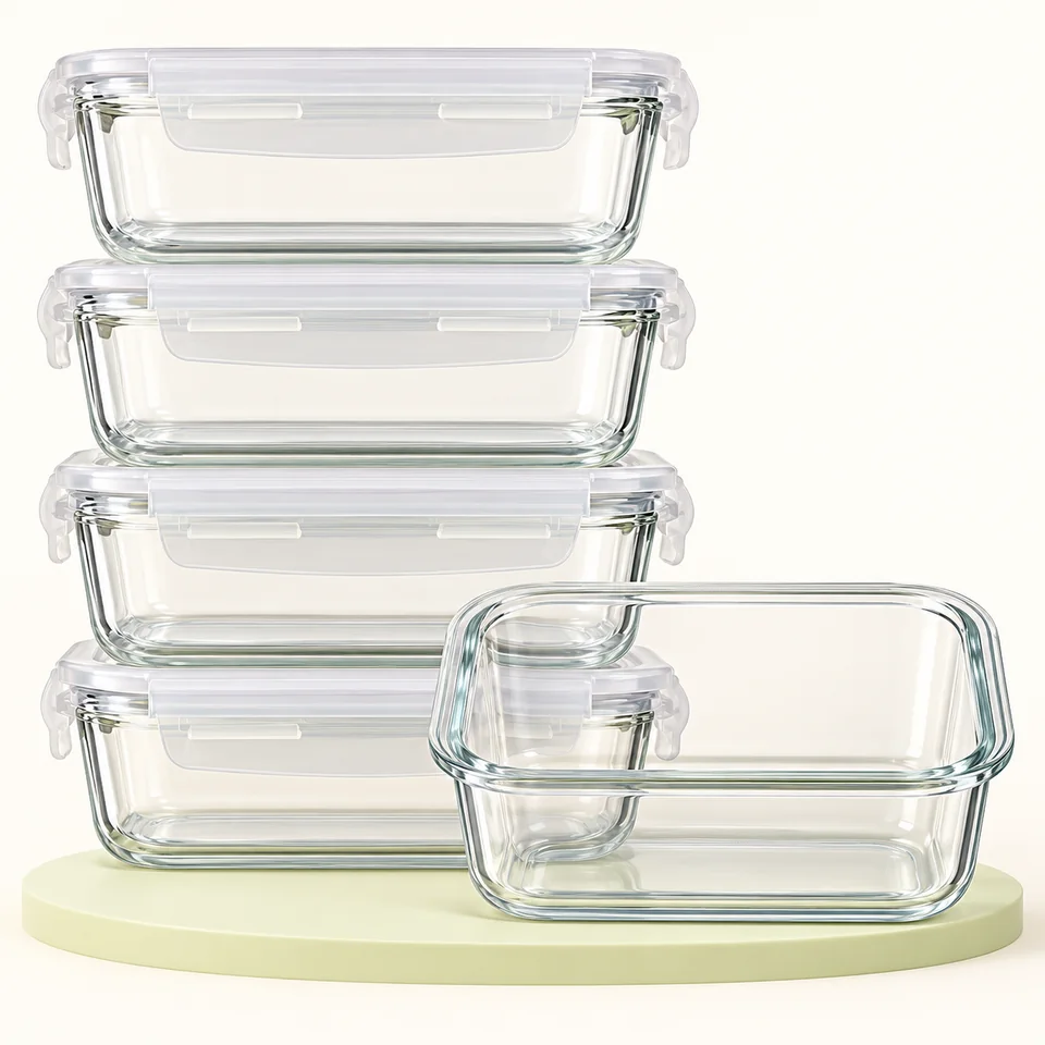 GOOD FOR YOU — cinq boîtes repas en verre — Cinq récipients vides, dont quatre fermés ; le cinquième couvercle n'est pas représenté.