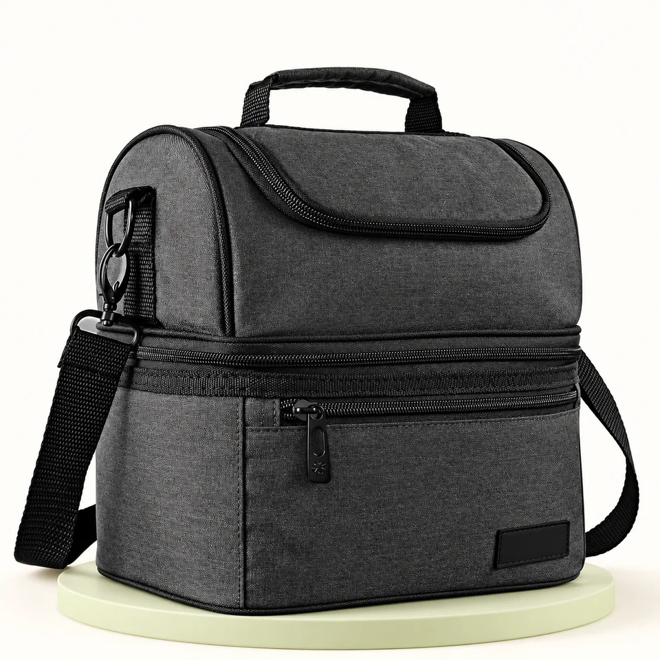 Hap Tim — sac repas gris à deux niveaux — Sac gris foncé fermé ; deux zones et poche avant visibles, aucun aliment.