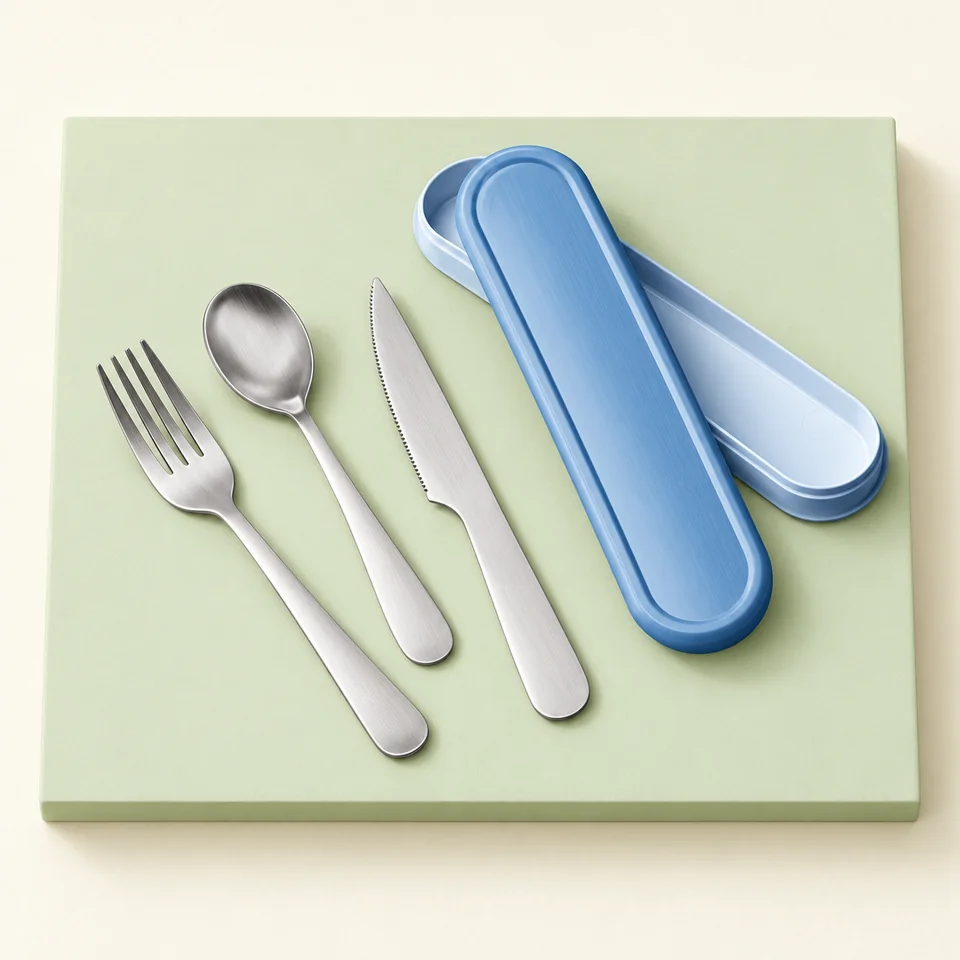 Maped Picnik set adulte bleu — Trois couverts et une boîte bleue ouverte.