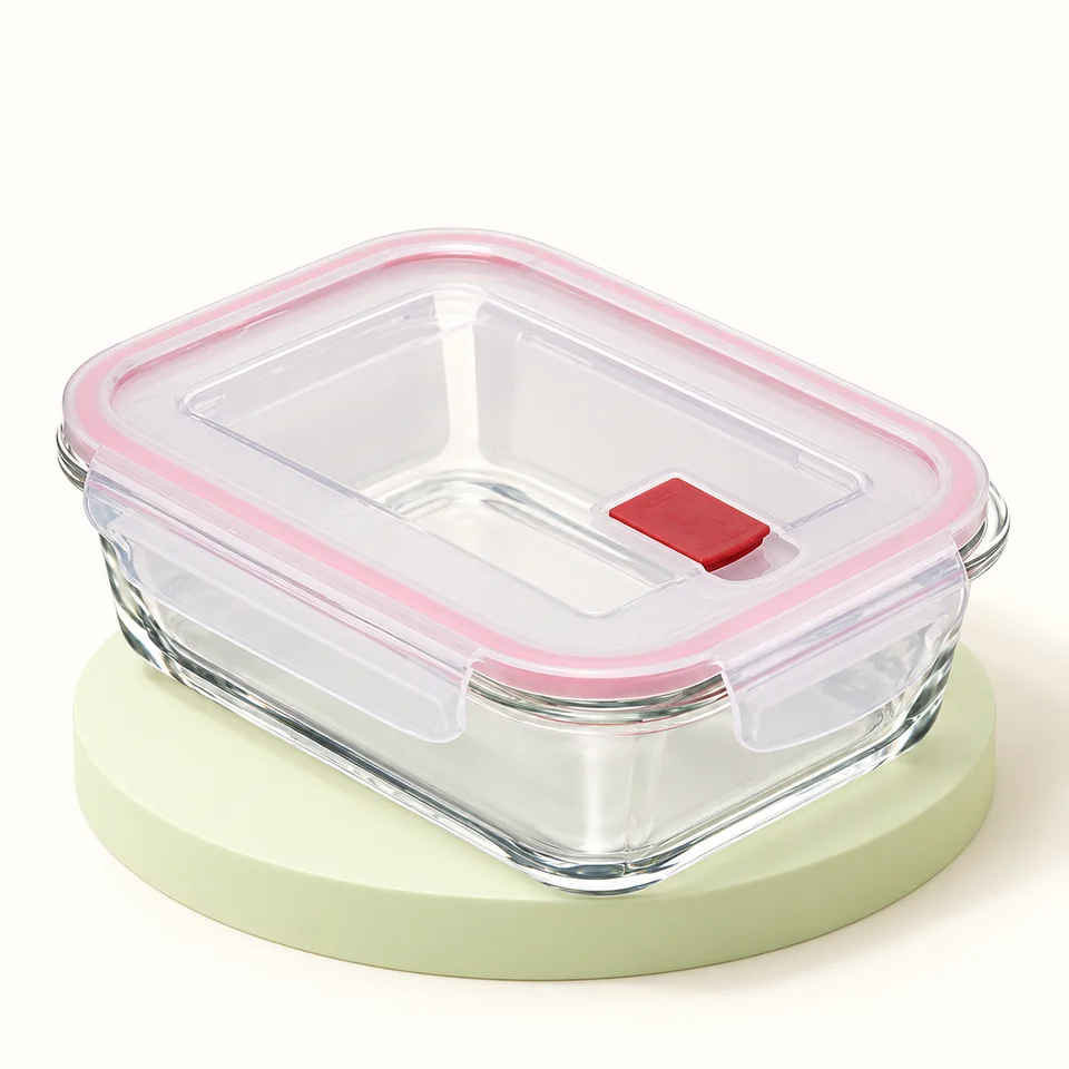 TATAY Cook & Eat — boîte en verre à valve rouge — Une boîte vide, sans étiquette commerciale intérieure ; valve rouge conservée.