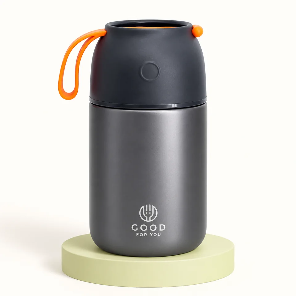 GOOD FOR YOU — pot isotherme gris 730 ml — Pot fermé seul ; cuillère, housse et joints de rechange ne sont pas représentés.