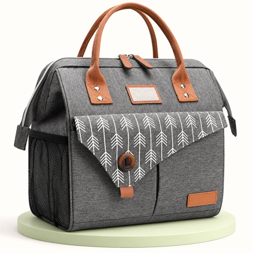 Lekesky — sac repas gris à large ouverture — Sac gris seul, poches vides ; motifs flèches et éléments marron conservés.