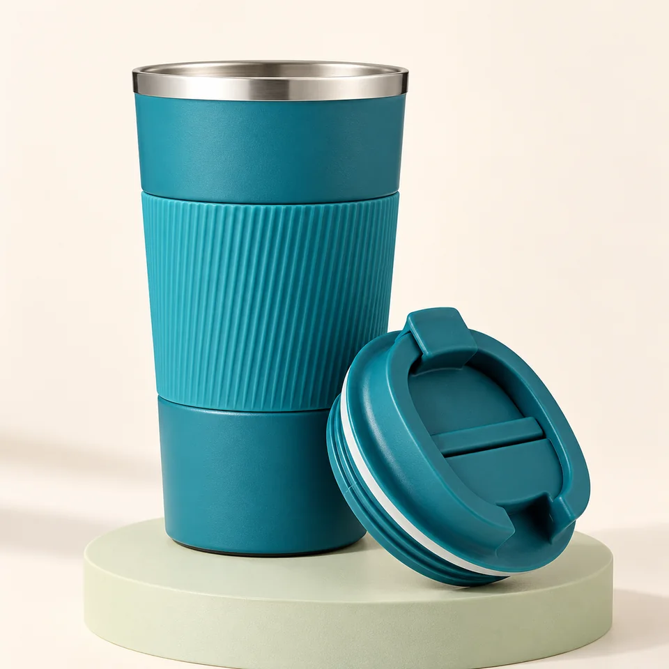 GEMFUL mug bleu à manchon — Mug bleu et unique couvercle séparé.