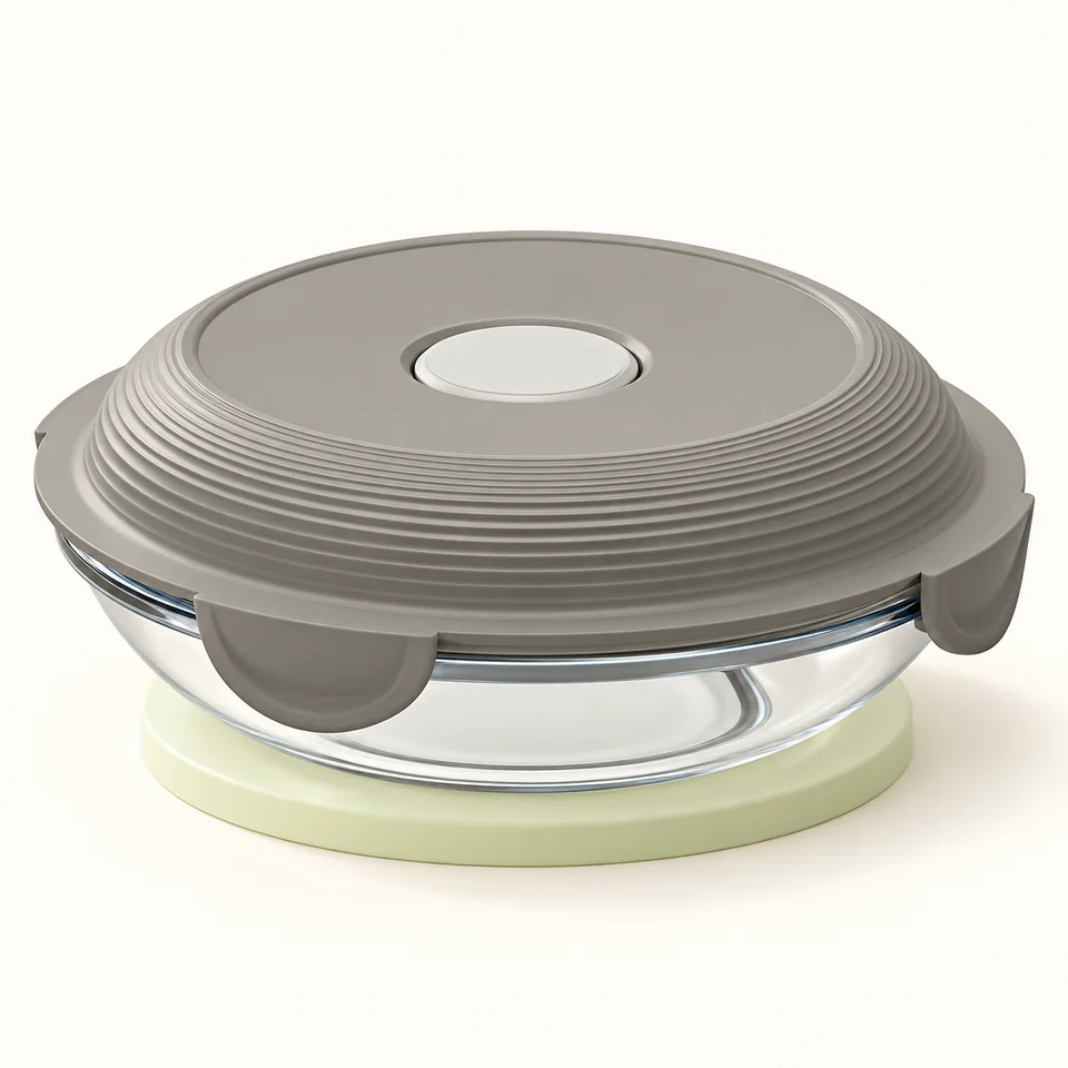Maped Picnik — assiette déjeuner en verre — Une assiette fermée ; valve et clips visibles, contenu vide.