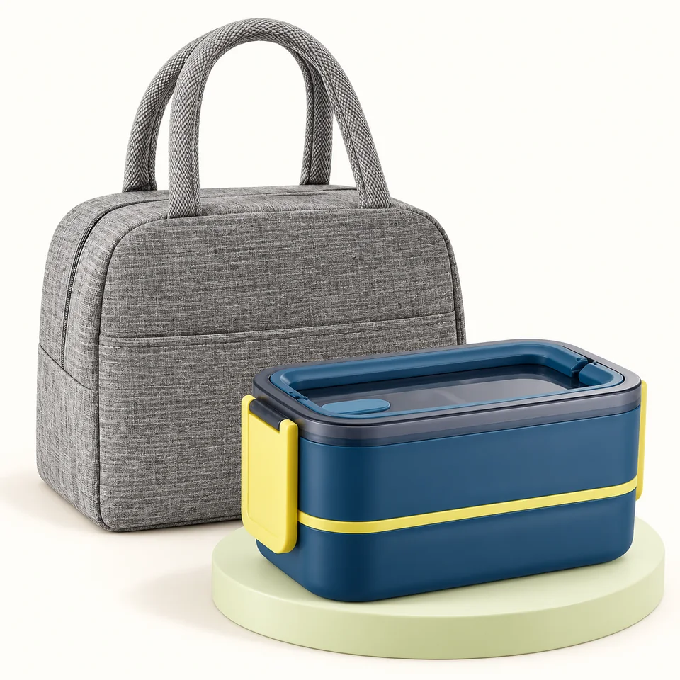 Haoh — bento bleu foncé à deux niveaux et sac — Bento fermé et sac gris ; couverts et séparateurs internes non représentés.