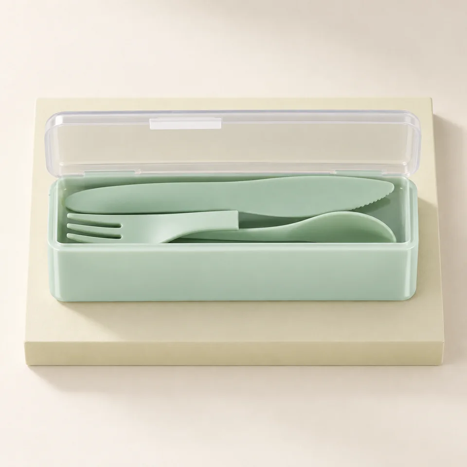 Birambeau trio nomade vert — Couverts verts dans leur boîte de rangement.