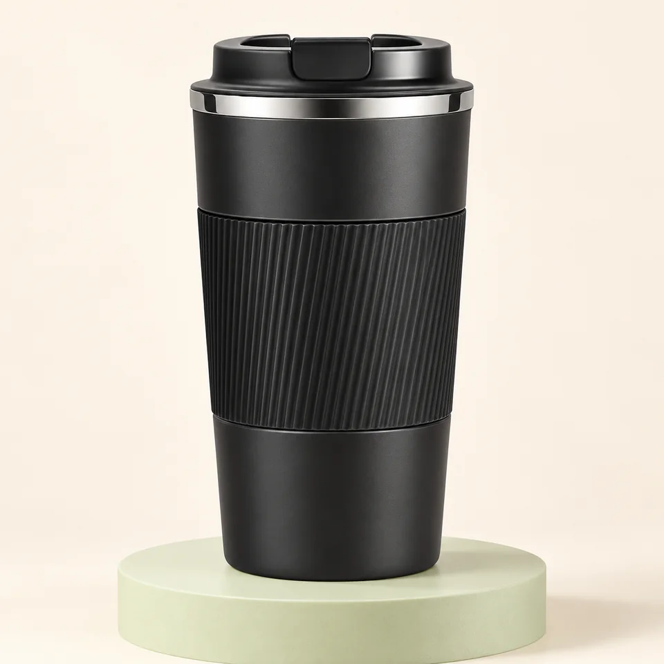 SLOSH mug noir 500 ml — Mug noir avec manchon et couvercle fermé.