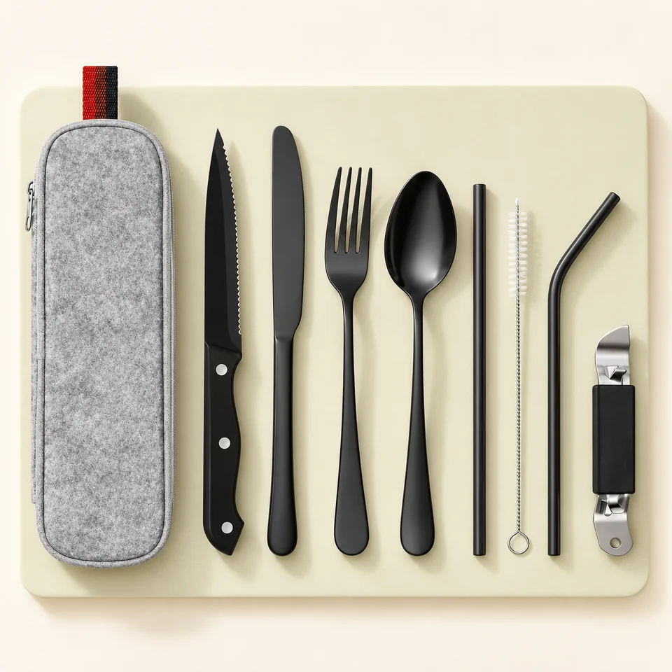 HOTUT kit noir avec pailles — Huit ustensiles et accessoires, avec une housse grise.