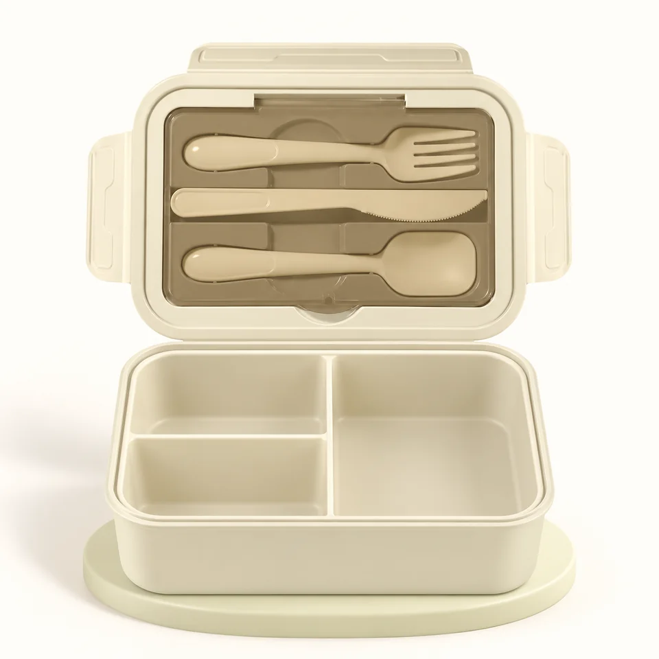 Diboniur — boîte repas kaki à trois compartiments — Boîte ouverte vide et ses trois couverts ; aliments de présentation retirés.