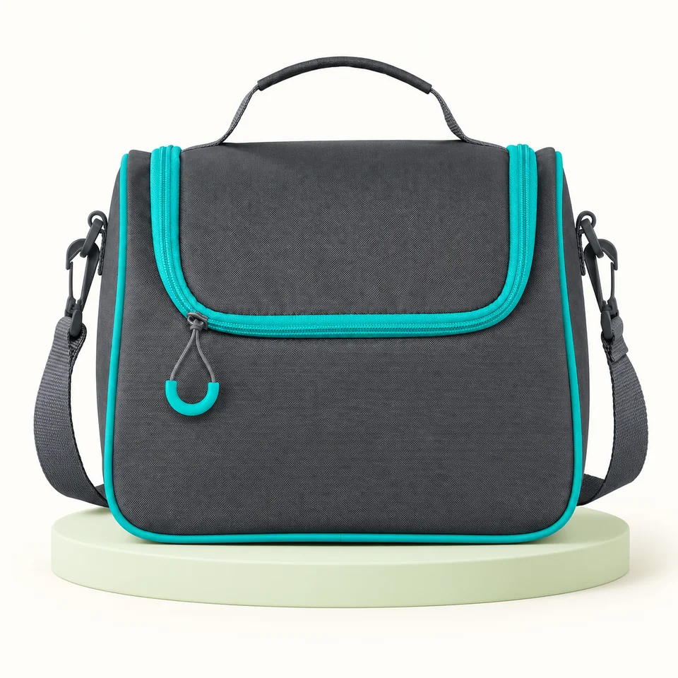 Maped Picnik Origins — sac déjeuner gris et turquoise — Sac gris à bordures turquoise fermé ; étiquette commerciale retirée.