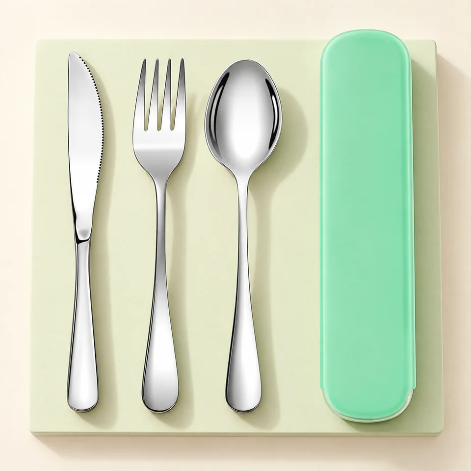 NVIYAM trio inox avec étui vert — Trois couverts argentés et leur étui vert.