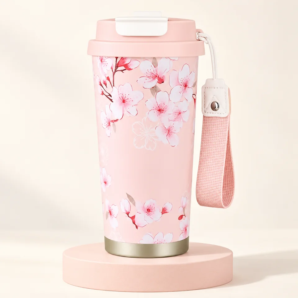EACHPT Sakura mug 500 ml — Mug Sakura fermé avec dragonne rose.