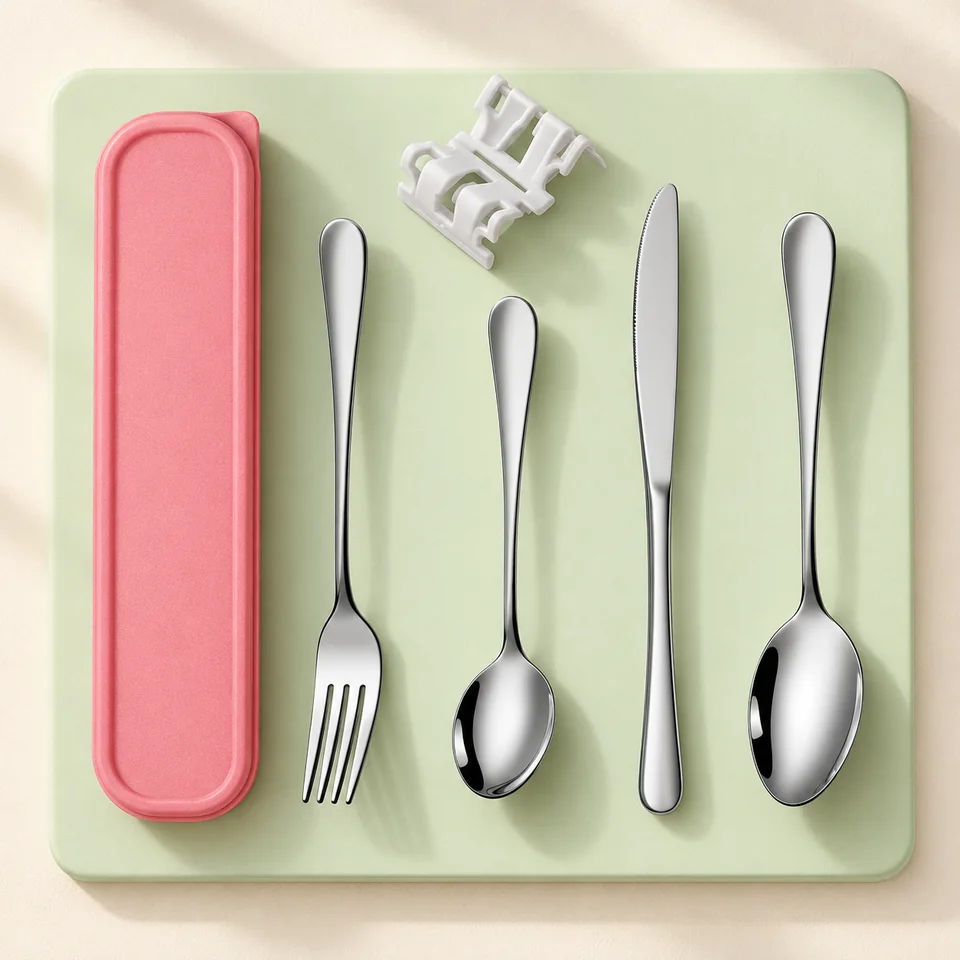 DAWOOWF quatre couverts avec étui rose — Quatre couverts, étui rose et support blanc.