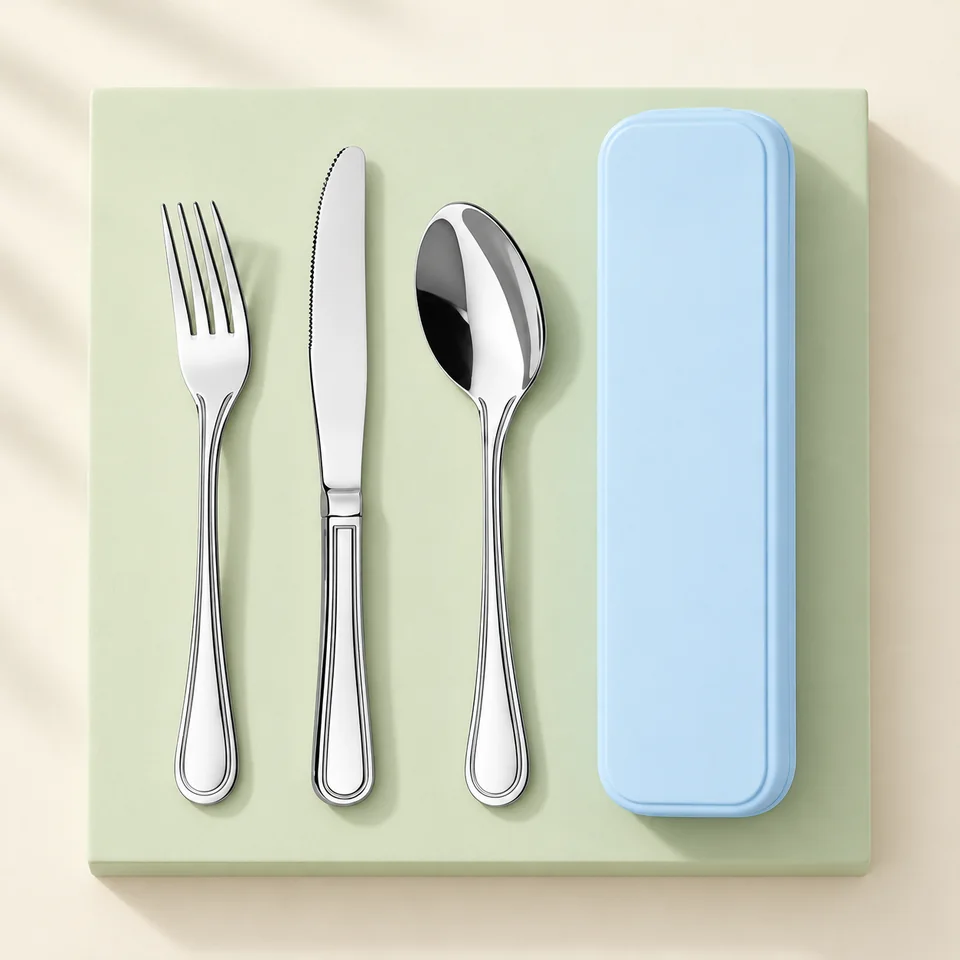Otto Koning Frankfurt avec étui — Trois couverts classiques et un étui bleu clair.