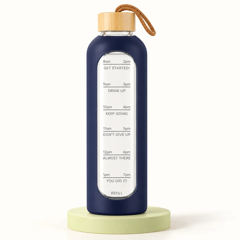 AOOWU — gourde verre bleu foncé 1 L — Bouteille vide avec étui bleu foncé et bouchon bambou ; brosse non représentée.