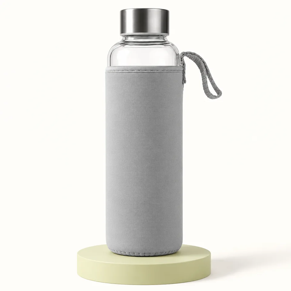 Moritz & Moritz — gourde verre 500 ml avec housse — Une bouteille vide avec face grise de la housse réversible ; autres vues exclues.