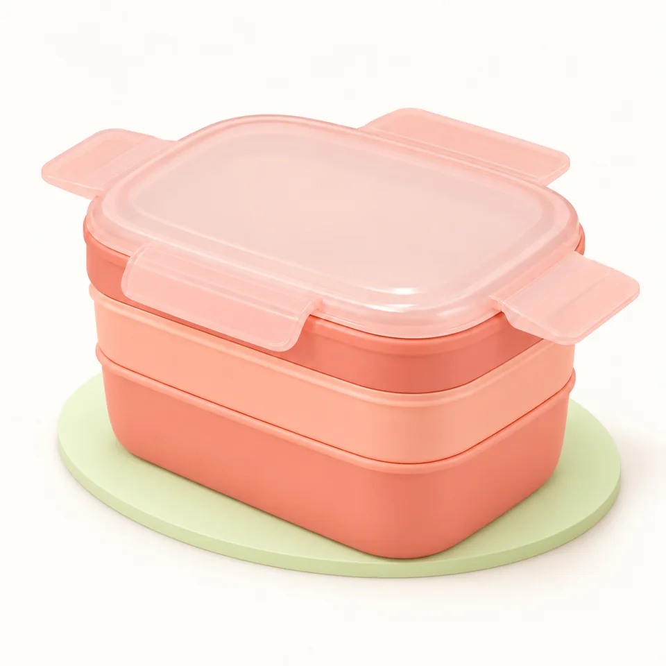 Cozary — bento rose à trois niveaux — Bento fermé à trois niveaux ; couverts et rangement sauce intérieurs non visibles.