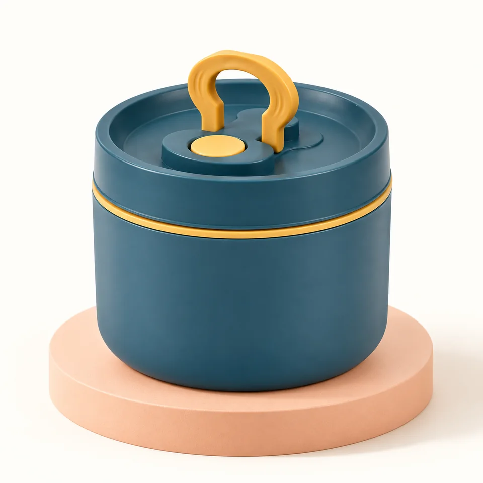 Kleemeiero — pot isotherme bleu 650 ml — Vue principale fermée ; seconde vue ouverte et cuillère non représentées.