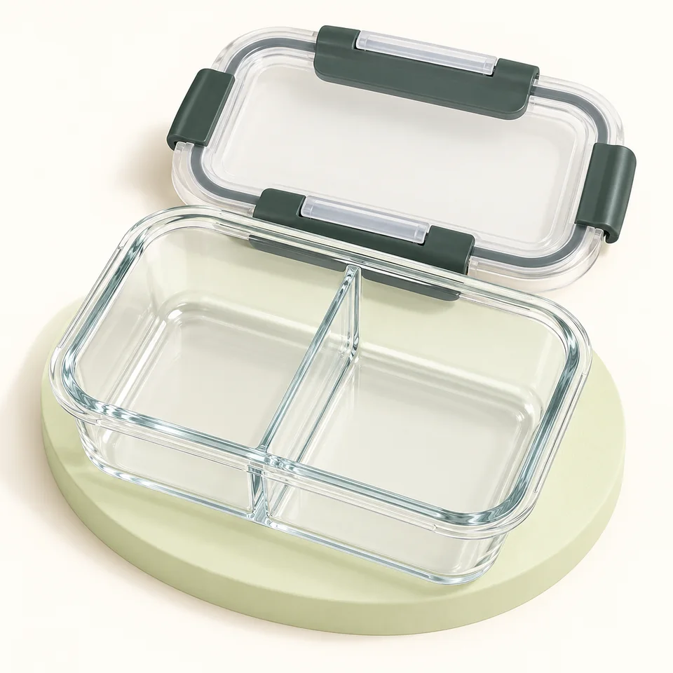 uandu — cinq boîtes en verre à deux compartiments — Un seul récipient représentatif du lot de cinq, avec son couvercle ; deux compartiments visibles.