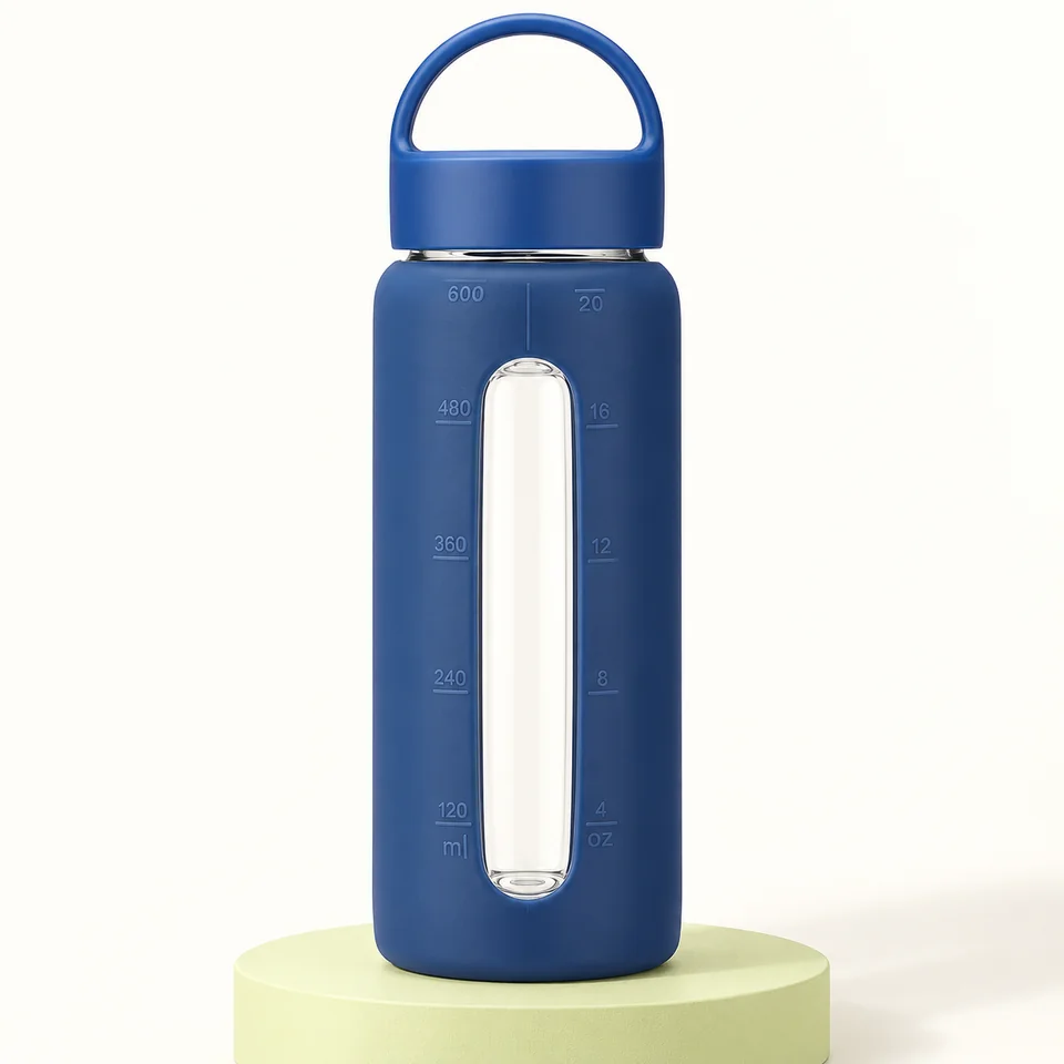 BLUEGO — gourde verre bleu foncé 600 ml — Bouteille vide avec couvercle à poignée ; second couvercle et brosse non représentés.