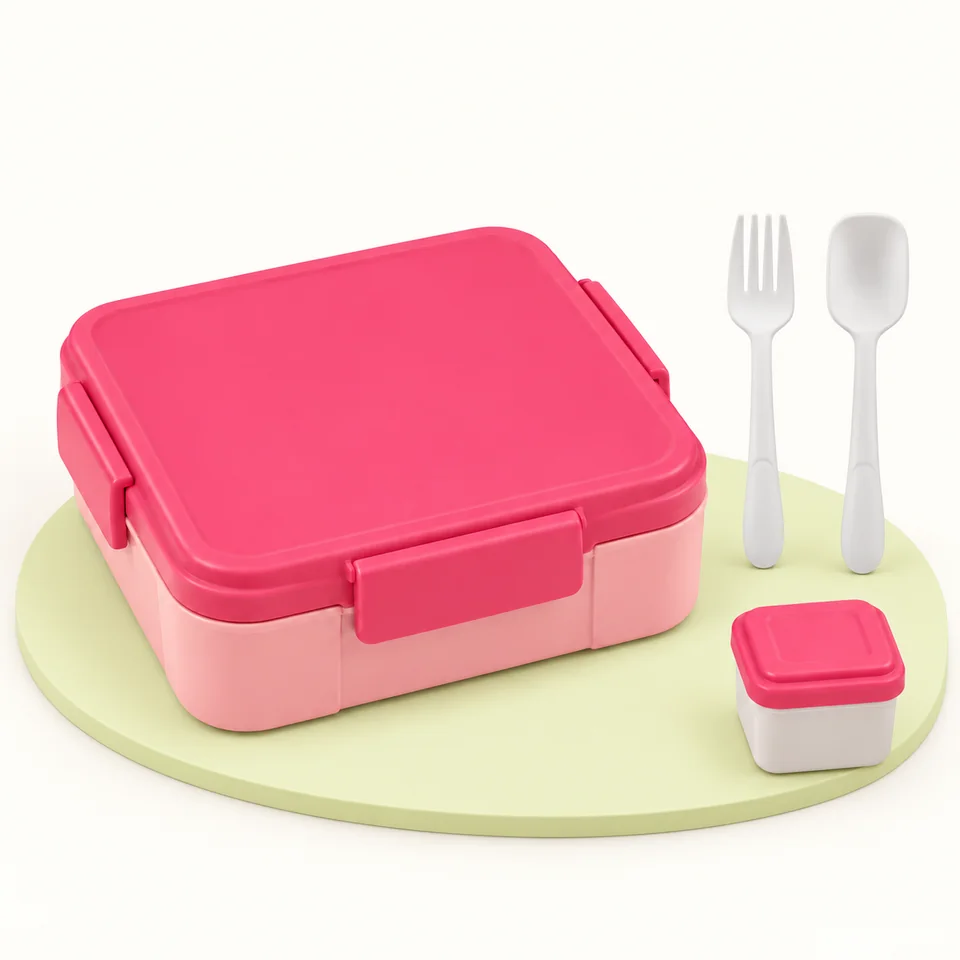 Carehabi — boîte repas rose avec couverts — Boîte fermée, deux couverts et pot à sauce ; organisation intérieure non illustrée.
