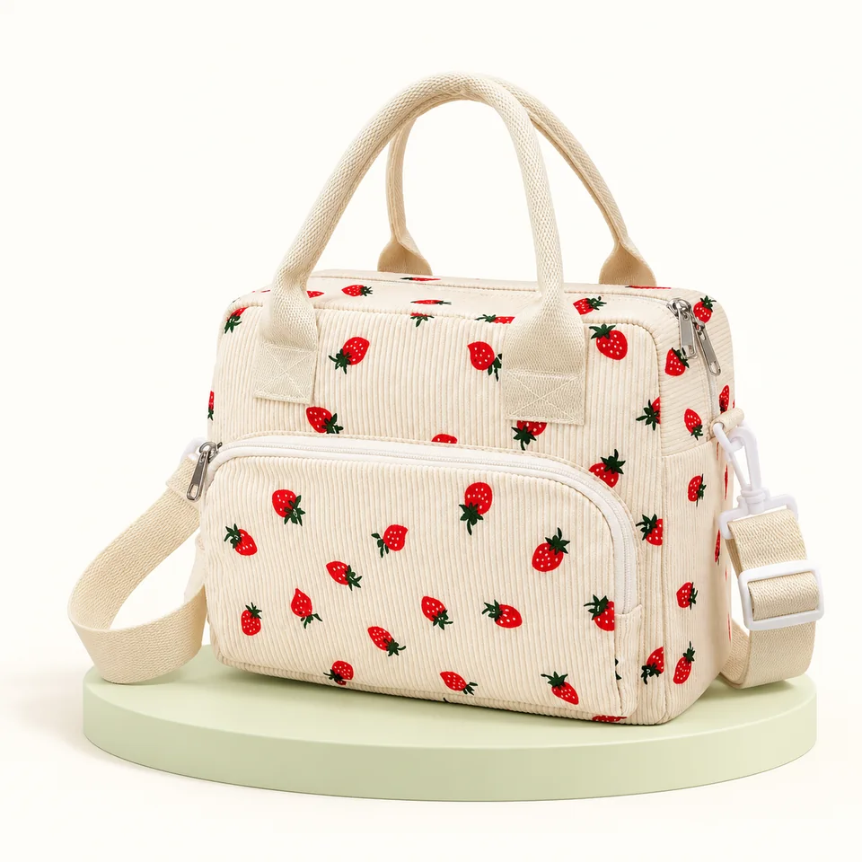 Minfuerang — sac repas crème à motif fraise — Sac crème à grandes fraises, anses et bandoulière ; aucun contenu ajouté.