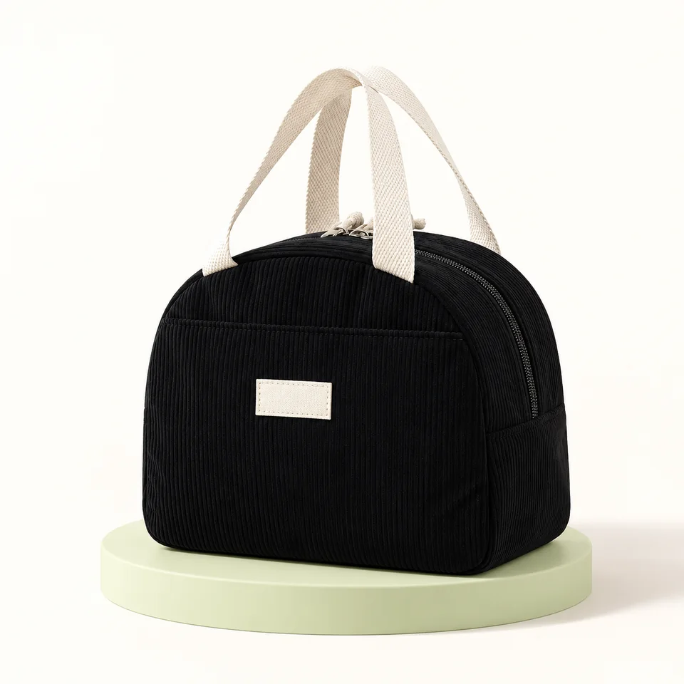 GoPaw — sac repas noir en velours côtelé — Sac noir à anses écrues seul ; pochette longue et marquage exclus.