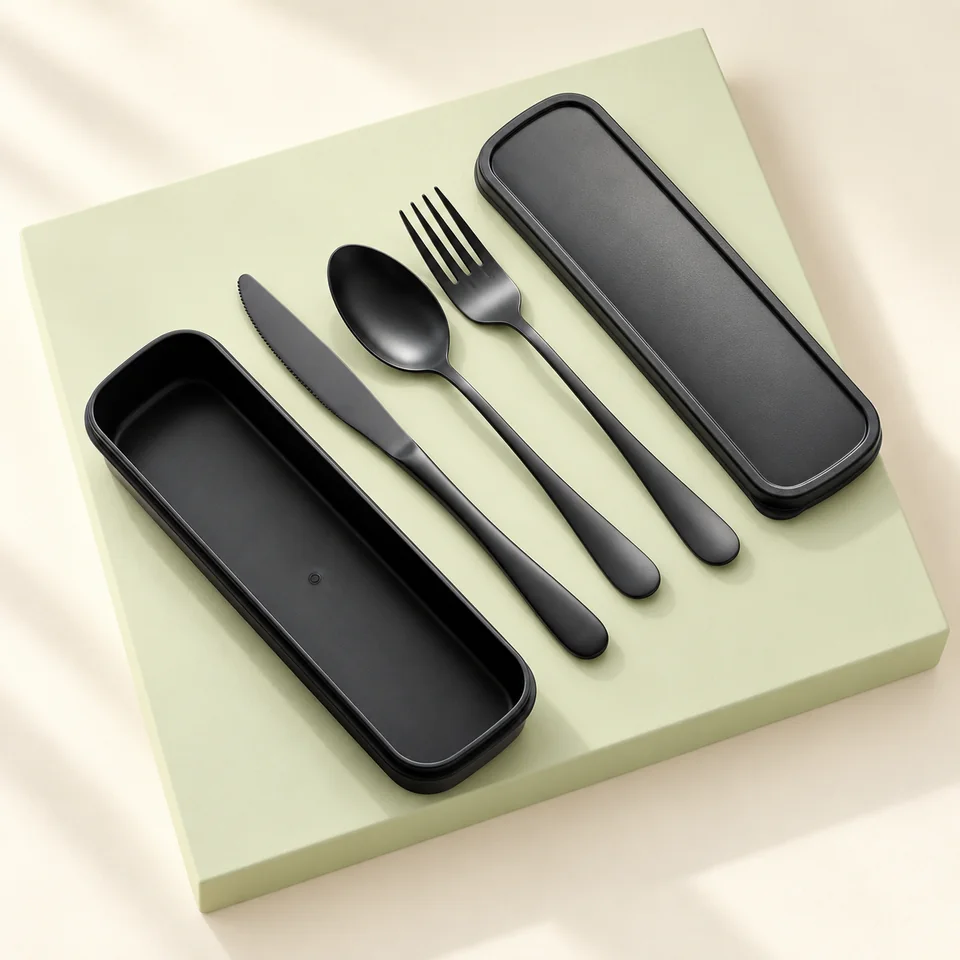QTORCHE trio noir avec étui — Trois couverts noirs et un étui ouvert.