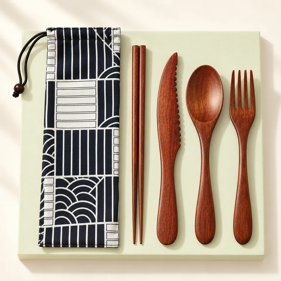 Kaelaxroy couverts en bois et baguettes — Couverts en bois brun et pochette à motifs.