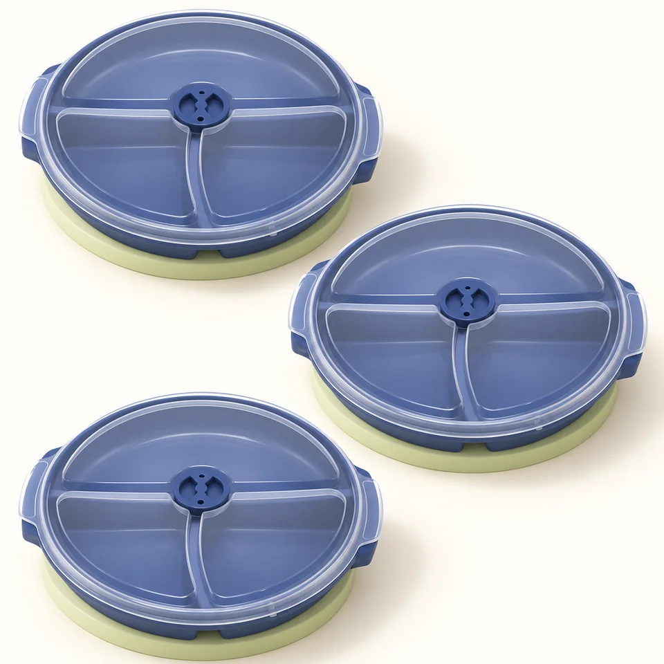 BZURTER — trois assiettes repas compartimentées — Trois assiettes fermées, sans nourriture ; ensemble de récipients représenté.