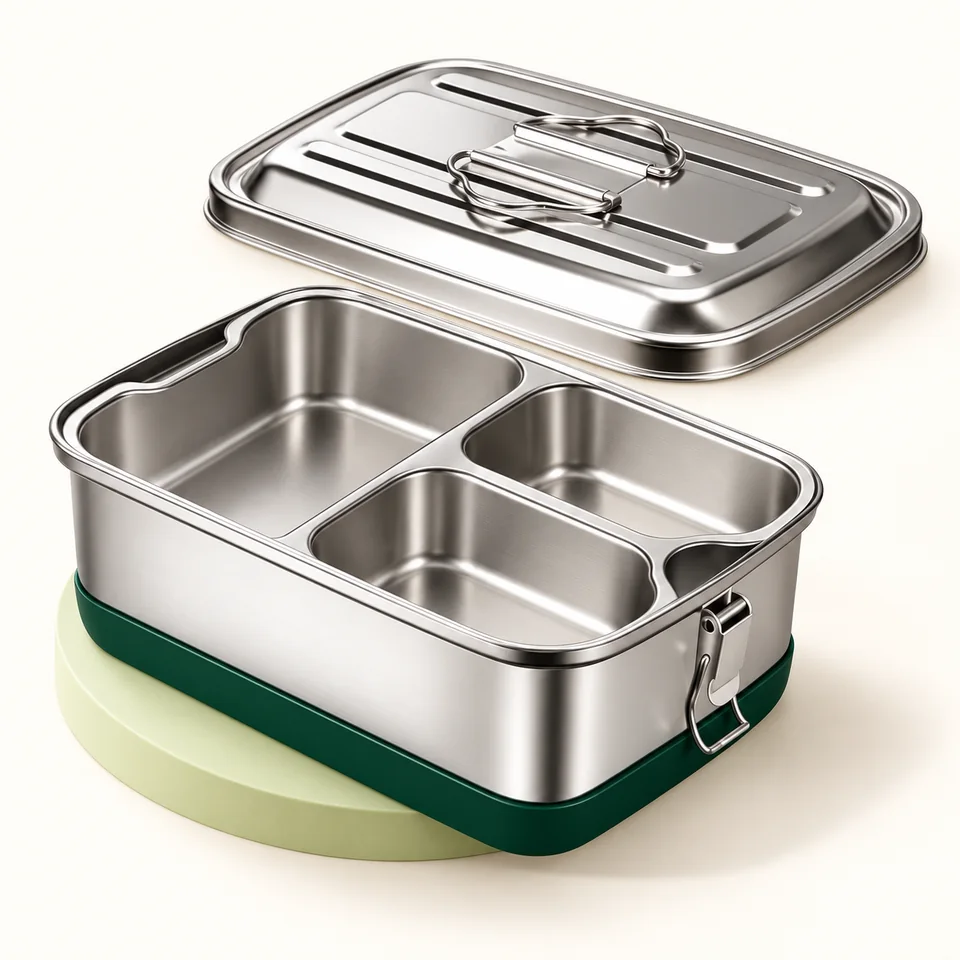 BYZESTY — boîte repas inox à trois compartiments — Récipient ouvert vide et couvercle ; cuillère et pot sauce de la photo exclus.