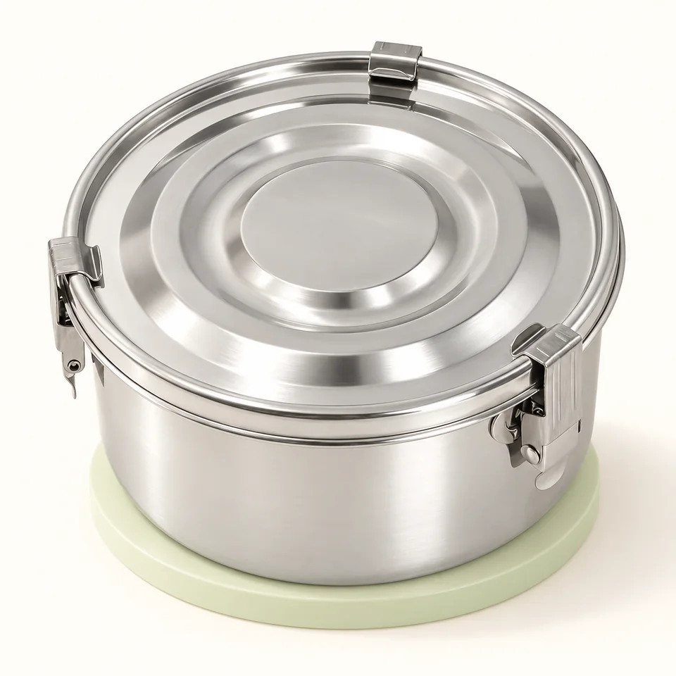 Isrcivcs — boîte repas ronde en inox — Un seul récipient fermé ; l'intérieur n'est pas représenté.