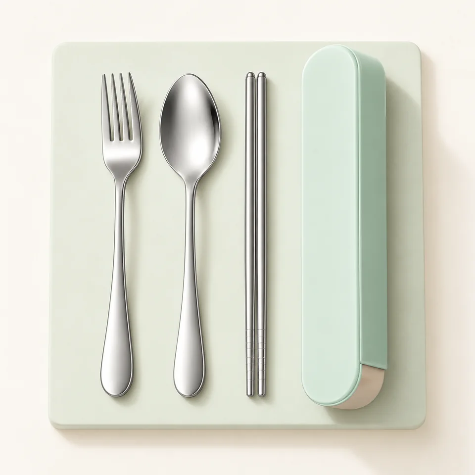 JOVYTH kit vert avec baguettes — Quatre éléments métalliques et un étui vert fermé.
