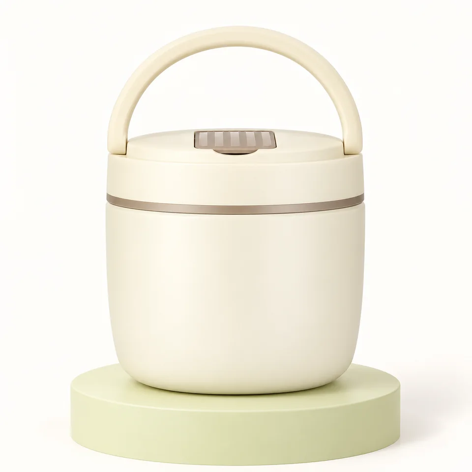 Cozary — pot isotherme beige 1,2 L — Vue fermée du pot ; insert et cuillère ne sont pas représentés.